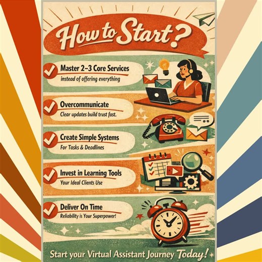Experience speaks. Here are the tips that truly move the needle as a Virtual Assistant. ✔️ Master 2–3 core services instead of offering everything ✔️ Overcommunicate — clear updates build trust fast ✔️ Create simple systems for tasks and deadlines ✔️ Invest time in learning the tools your ideal clients use ✔️ Deliver on time — reliability is your superpower Success in this industry isn’t about doing more. It’s about doing the right things consistently. 💻✨ Save this for later and apply one tip t