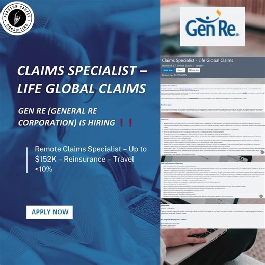 Claims Specialist – Life Global Claims 📌 Gen Re (General Re Corporation) is HIRING ❗❗ 📍 Location: Stamford, CT (Remote eligible – based out of Stamford office) 💼 Type: Full-Time 💰 Pay: $91,000 – $152,000 per year 📩 Apply Here: https://genre.csod.com/ux/ats/careersite/1/home/requisition/894?c=genre&source=linkedin&fbclid=IwY2xjawP6p-NleHRuA2FlbQIxMABicmlkETF0WnRrQlY5NXNrY2JzSW1Pc3J0YwZhcHBfaWQQMjIyMDM5MTc4ODIwMDg5MgABHof37MbLLvgSY3577pqDdAIgcFIrVu6Ph8hRWmuuVC7wGPKpq4JQARo5TBrP_aem_xf1DOVij8P