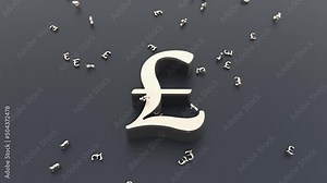 Metallic 3D Pound symbols falling on a dark surface.