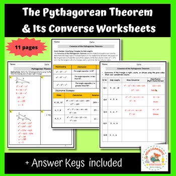 Geometry, Triangles, The Pythagorean Theorem, and its converse worksheets