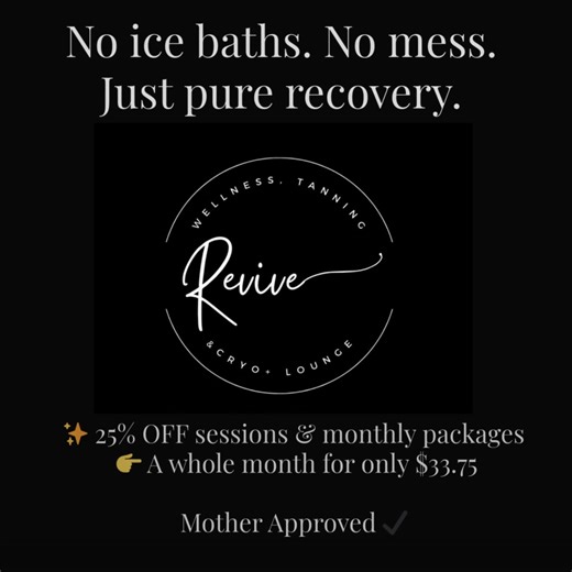 The CryoLounge delivers targeted cold therapy to sore muscles and joints, while gentle heat in other areas keeping you comfortable and relaxed throughout your session. No ice. No water. No mess. Just sit back and let the chair do the work 🧊🔥 ✨ Now 25% OFF Cryo Lounge sessions & monthly packages 👉 A FULL MONTH for just $33.75 — one of the best recovery deals you’ll find anywhere. 🎁 P.S. This makes an INCREDIBLE gift AND it's mom approved ✔️ | Revive Wellness, Tanning & Cryo Lounge