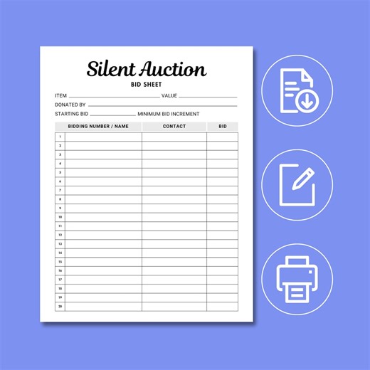 Editable Silent Auction Bid Sheet. Silent Auction Sign up Sheet, 2026 Sheet, Silent Auction Bid Form, Printable Auction Bidding Sheet - Etsy