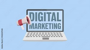 Animated computer appearing. „Digital marketing“ written inside. Small megaphone on the right side. Marketing themed animation. Blue background and green screen background.