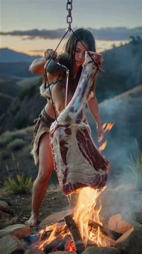 A primitive woman cooks a buffalo leg over a fire #shorts