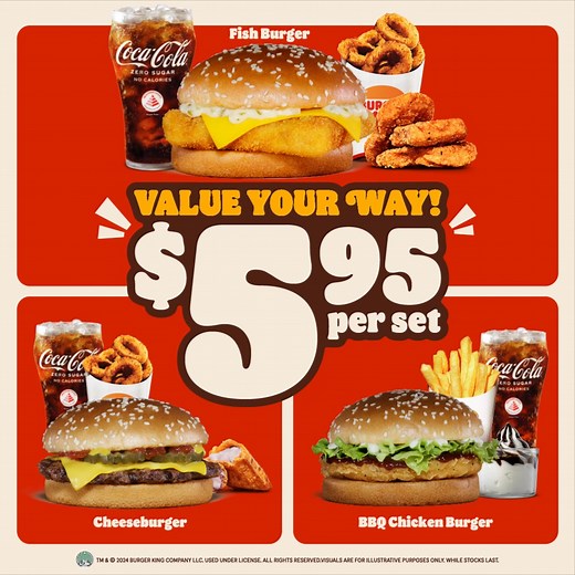 With just $5.95, you get a choice of Cheeseburger, Fish burger or Chicken burger - along with a side, three-piece nuggets and a drink. | Burger King Singapore