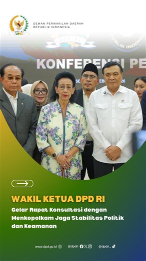 Senator Indonesia - DPD RI on Instagram: "DPD RI menggelar rapat konsultasi dengan Menteri Koordinator Bidang Politik dan Keamanan guna menindaklanjuti aspirasi daerah sebagai bahan pertimbangan dalam perumusan kebijakan nasional, khususnya terkait dinamika politik dan keamanan di daerah (10/2). Wakil Ketua DPD RI GKR Hemas , menekankan pentingnya sinkronisasi kebijakan pusat dan daerah, penguatan peran pemerintah daerah, perlindungan data pribadi, keamanan siber, serta perhatian terhadap aspira