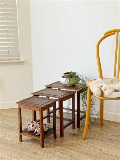 Mid Century Carved Wooden Asian Nesting Tables | Stacking End Table Set | Chinoiserie Home Furniture - Etsy