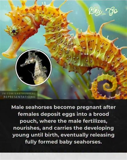 Sky_Go on Instagram: "In the underwater world, male seahorses flip the script on parenthood. Females use a specialized tube called an ovipositor to deposit unfertilized eggs directly into the male's brood pouch during a graceful courtship dance. Once inside, the male fertilizes the eggs with sperm, then seals the pouch like a living incubator. Over weeks, he pumps in oxygen-rich seawater and nutrients via a placenta-like structure, nourishing up to 2,000 tiny embryos. Gestation lasts 10-45 days,