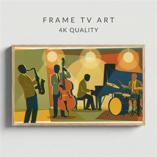 Music Frame TV Art, Mid Century Modern Jazz Band Illustration, Retro Soulful Saxophone Piano Drums, Vintage Flat Graphic Decor, Digital 4K - Etsy