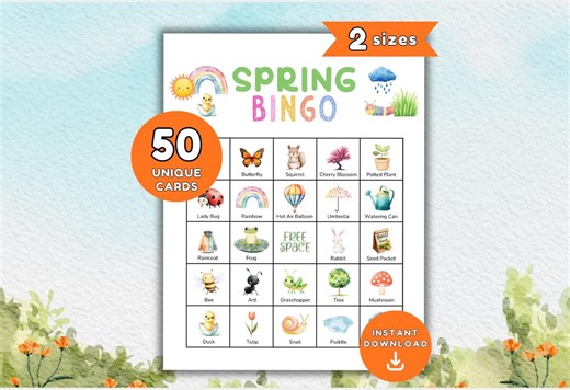 Spring Bingo Printable, 50 Spring Bingo Cards, Spring Time Bingo Game for Kids, Preschool Spring Activity, Spring Party Games - Etsy