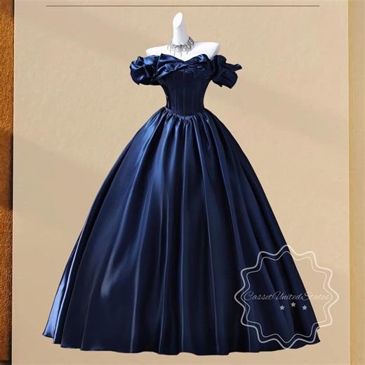 Off Shoulder Navy Blue Prom Ball Gown, Elegant Luster Satin Corset Back Graduation Gown for Homecoming & Formal Events Sweet 16 Dress - Etsy