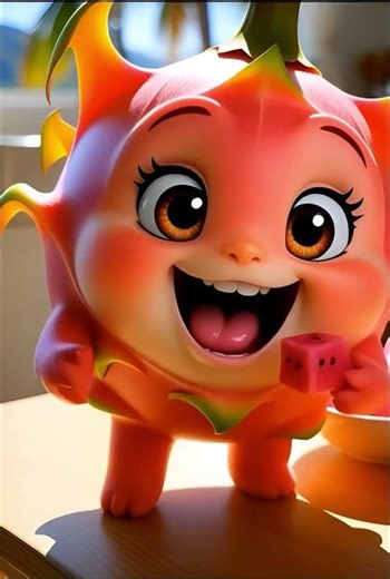 Adorable Dragon Fruit Character Enjoys Fruit Cubes