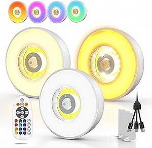 Under Cabinet Lights 3 Pack Rechargeable Closet Lights with Remote, 3 Color Temps and 12 RGB Motion Sensor Light for Indoor Use, Dimmable Under Counter Lights for Kitchen, Shelf
