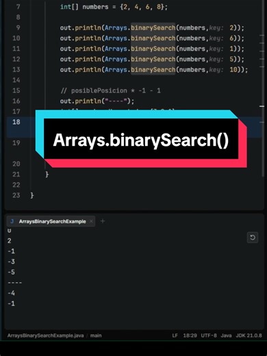 Los arreglos son estructuras de datos que tienen un tamaño fijo de elementos. En este video vamos a ver cómo encontrar elementos en un arreglo usando el método Arrays.binarySearch() Es una pregunta tipo de examen de Certificación #OCP #Java21