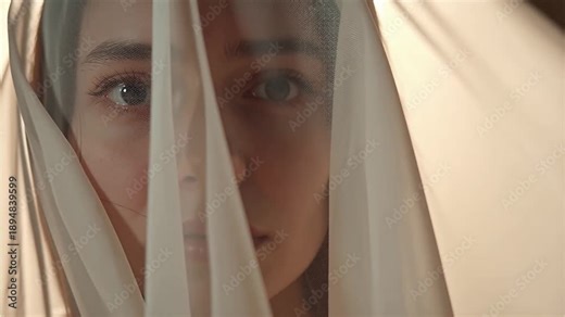 Close-up of a face partially obscured by translucent fabric or veiling, creating mystery and focus on the visible eye.