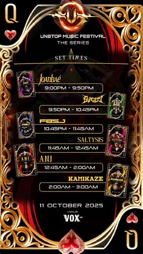 Unstop Music Festival on Instagram: "🔥 The wait is over — the UNSTOP Series timetable is out! 💥 Plan your night and come early to catch every moment of madness. Let’s show some real support and energy from start till end — we need YOU on the dancefloor! 💣💃 🎟️ Limited tickets still available online, and we’ll have a small batch for walk-ins too — so don’t miss out! #UNSTOPSeries #HardDanceMalaysia #SupportLocalScene #UnstoppableEnergy"