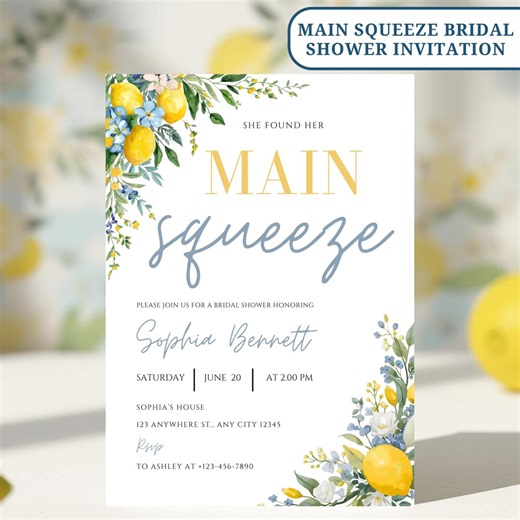 Main Squeeze Bridal Shower Invitation, Lemon Bridal Shower Invite, Summer Citrus Bridal Shower, Editable Bridal Shower Template - Etsy
