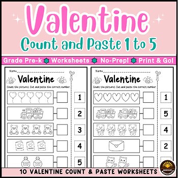 Valentine Counting Numbers 1–5 – Count & Paste Worksheets for Pre-K & K