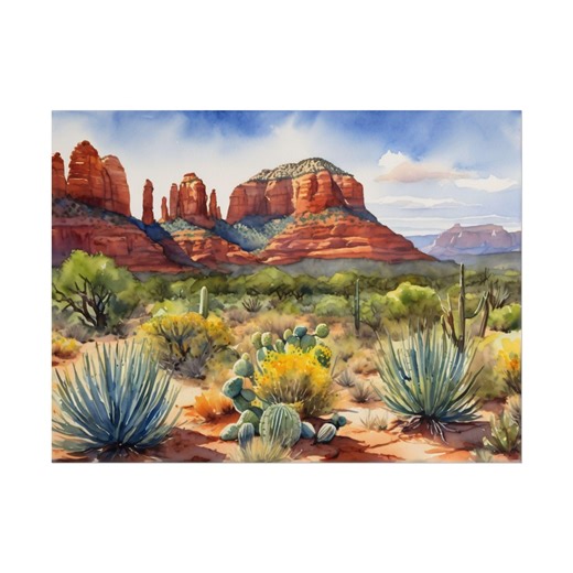 Sedona Watercolor Art Print – Arizona Desert Landscape Painting, Cathedral Rock Wall Art, Red Rock Canyon Poster, Southwest Decor - Etsy