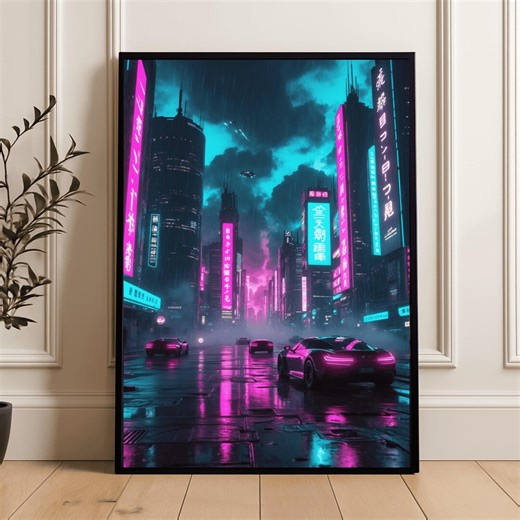 Cyberpunk City Poster Neon Tokyo Wall Art Futuristic Car Night City Print Synthwave Urban Sci Fi Wall Decor Modern Home Art - Etsy