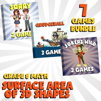 7 No Prep Math Games Bundle C - Surface Area of 3D Sha - Grade 8 Review Activity