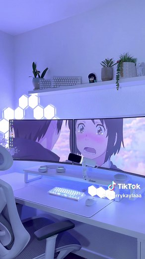 Your Name Anime Dual Monitor Setup with White PC and Aesthetic Wallpapers