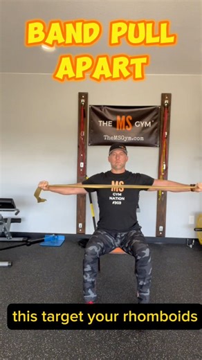 The MS Gym on Instagram: "SEATED BAND PULL APART This is a fun and challenging exercise. It is called the BANDED PULL APART and it directly targets your upper mid back, a region that is often ignored or neglected in traditional fitness and therapy programs. Due to more time spent sitting or slumped forward due to poor balance or physical fatigue, many people affected with MS have rounded shoulders and over-stretched rhomboids that result in neck, shoulder, and spinal weakness. This weakness is h