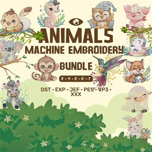 Animals Machine Embroidery Bundle | Zoo Farm Jungle Designs | 5 Sizes | Instant Download - Etsy