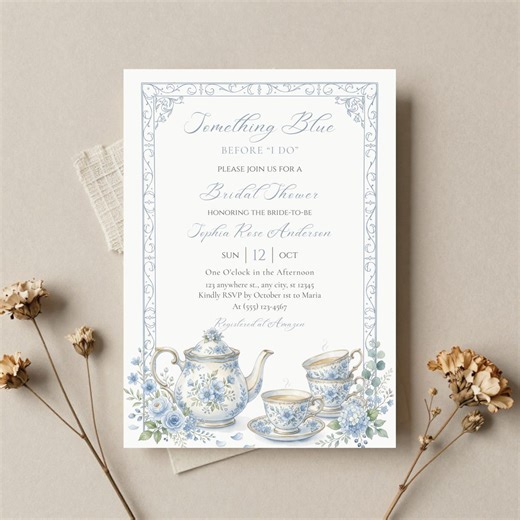 Tea Party Bridal Shower Invitation, Something Blue Bridal Shower Invite, Blue Floral Tea Party Invite, Vintage Garden Party Template, Canva - Etsy