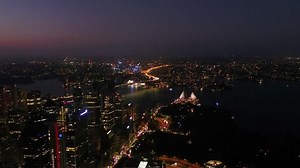 Aerial video of downtown Sydney in Australia at night.
