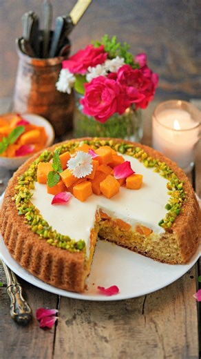 Eggless Mango Saffron Tart Cake... When special flavours like mangoes, saffron and pistachios come together to create magic, they make a cake good to the last crumb! This is one of my favourite flavour combinations for summer in a tart cake which is as delicious as it is pretty! It's that most wonderful 'MANGO' time of the year here on the subcontinent and this cake is quite special. A simple one bowl part wholegrain eggless pistachio saffron sponge baked up beautifully in my favourite tart tin.