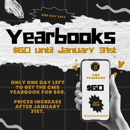 Last chance to save  Order your CMS Yearbook by January 31st! Only one day left at $60, so don’t miss it! Prices go up after Saturday so order online now at https://yearbookordercenter.com/?event=general.displayLanding&jobnumber=388 | Carrollton Middle School | Facebook