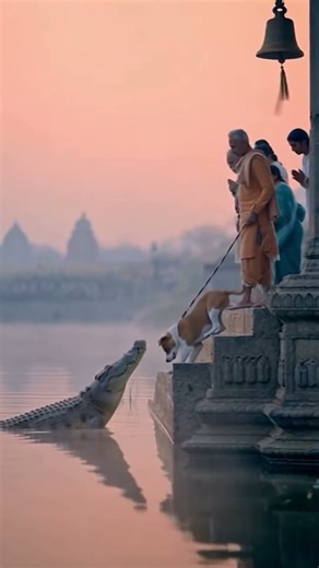 Temple Bell Clang Alerts to Dawn Crocodile - Sacred Pond Path Encounter