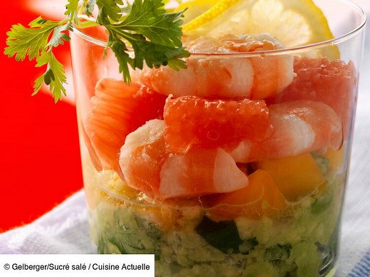 Verrines crevettes, avocat, pamplemousse rose