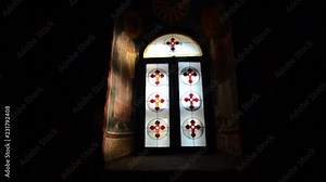 View inside Orthodox monastery church. Altar, icons and decoration