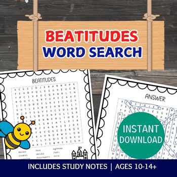 Beatitudes Word Search, Sunday School Activity With Study Notes, Classroom Games