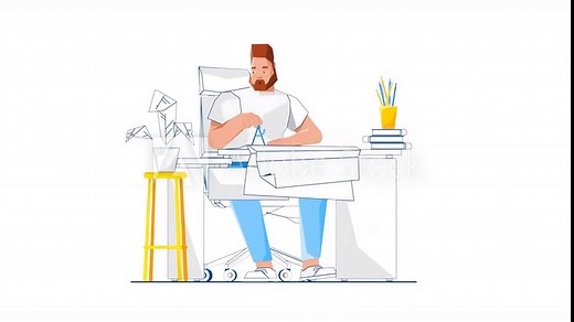 Illustrated Man Sitting at Desk and Drawing Sketches on Blueprint. Focused on His Work and Appears to Be Creating Something New 2D Animation