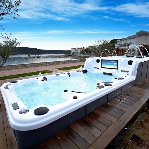 [Hot Item] Sunrans 8m Endless Hydrotherapy Dual Zone Outdoor Backyard Exercise Large Hot Tub Swim SPA Attached Endless Swimming Pool