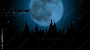 Silhouette santa flying with over full moon over night forest. Silhouette