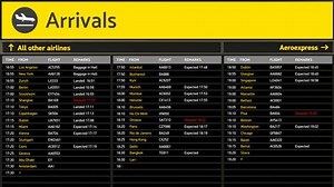 Airport arrivals board, information for passengers updating, transportation. Destinations, flight status, boarding gates info change on screen