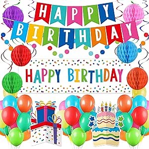 Happy Birthday Decorations Kit: Happy Birthday Banner,Birthday Dots Design Plastic Backdrop, Circle Confetti Garland, Swirl Streamers, Honeycomb Balls & Party Balloons - Table Centerpiece Set