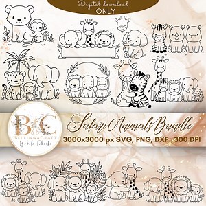 Safari Animals Bundle, Cute Jungle Line Art SVG, Baby Lion, Elephant, Giraffe, Monkey, Cricut & Silhouette Files, Kids Safari Dxf Svg Png - Etsy