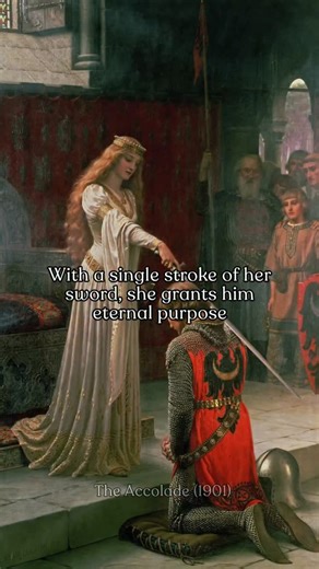 Anna Vintage Art Gallery on Instagram: "“The Accolade,” painted in 1901 by Edmund Blair Leighton An accolade is a ritual steeped in tradition and symbolism. Historically, the path to knighthood was long and required great discipline. A boy of noble birth would begin as a page around age seven, spending several years training his body, mind, and manners. Around fourteen, he would become a squire, serving a knight directly while learning the arts of war and chivalry. Only after proving his courage