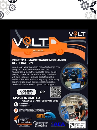 VOLT On the Go is bringing Industrial Maintenance training to you! Our Industrial Maintenance Mechanics Certification is designed to jumpstart your career in manufacturing with hands-on labs, industry-aligned skills, and stackable credentials. ⚙️ Learn skills used in real industrial environments 📍 Train locally ⏳ Space is limited 📅 Classes start February 2026 👉 Click the link or scan the QR code to apply today. https://docs.google.com/forms/d/e/1FAIpQLSe81rpoZfkjkK7FdALFQEq0CJDqtLn1f0y0C8Gn-H