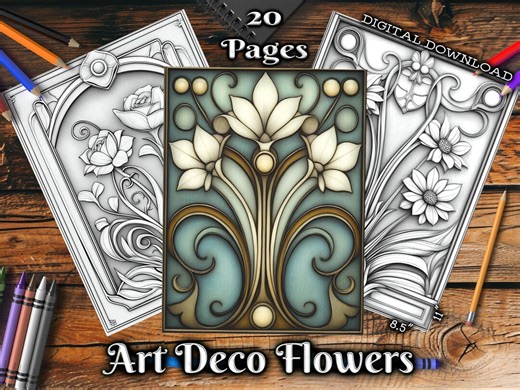 Grayscale Coloring Pages - Download, Print and Color - Art Deco Flowers, Printable Floral Illustrations for Colorists to Enjoy and Relax - Etsy