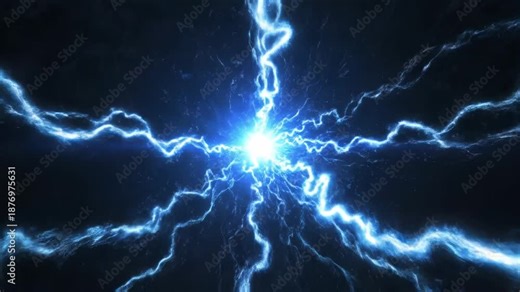 Electric blue lightning bolt striking through dark space with bright white center and glowing plasma 4k video