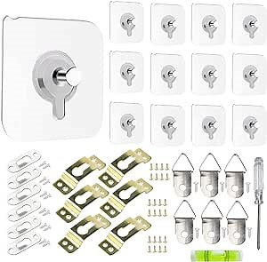 Photo Frame Hanging Accessories Set, Picture Hangers Kit with Screws Self Adhesive Sticky Hooks for Wall No Damage