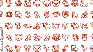 A stop-motion animation featuring playful animal icons in vibrant orange on a white background. A lively animal pattern with various creatures, loop animation. 4K Motion Graphics
