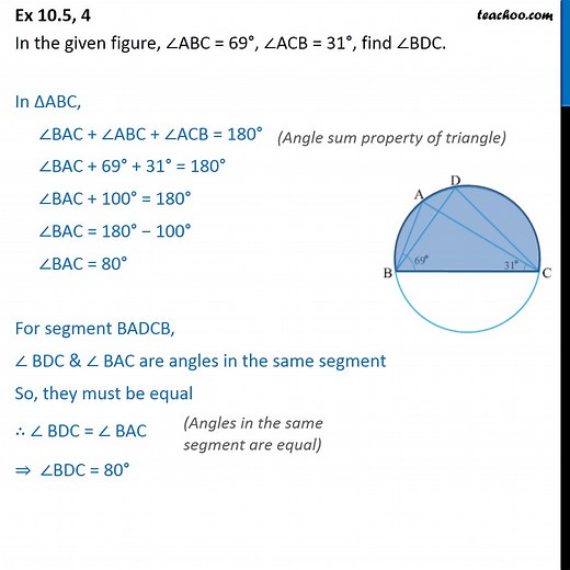 Ex 9.3, 4 - In figure, ∠ABC = 69°, ∠ACB = 31°, find ∠BDC