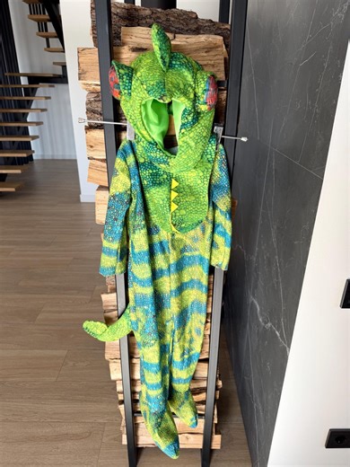 Kids Chameleon Costume 2–3 Years, Green Animal Jumpsuit with Hood & 3D Tail, Shiny Scale Carnival Halloween Costume